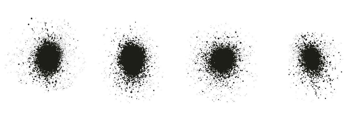 Spray, Spatter and Grunge Effect. Circle Dots, Grain Texture. Black Round Brush Splatter. Abstract Graphic Design Element. Distress Noise, Ink Splash. Isolated Vector Illustration.