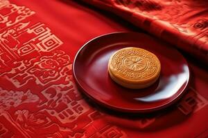 Moon cake Mooncake table setting - Round shaped Chinese traditional pastry with tea cups on wooden background, Mid-Autumn Festival concept, close up. Generative ai photo