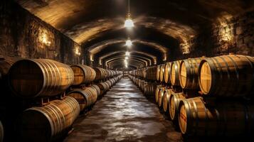 Wine barrels stacked in the old cellar of the winery. Generative ai photo