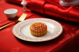 Luna pastel Pastel de luna mesa ajuste - redondo conformado chino tradicional Pastelería con té tazas en de madera fondo, mediados de otoño festival concepto, cerca arriba. generativo ai foto