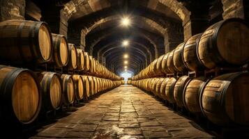 Wine barrels stacked in the old cellar of the winery. Generative ai photo