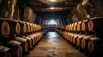 vino barriles apilado en el antiguo cava de el lagar. generativo ai foto