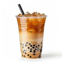 Light brown creamy bubble tea with milk and black tapioca with a green straw in a transparent cup isolated on white. Generative ai photo