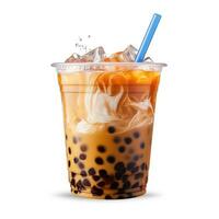 Light brown creamy bubble tea with milk and black tapioca with a green straw in a transparent cup isolated on white. Generative ai photo