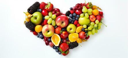 Creative diet food healthy eating concept photo of heart made of fresh fruits and summer berries full of vitamins as a symbol of romance love valentine holiday on white background. Generative Ai