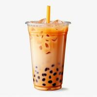 Light brown creamy bubble tea with milk and black tapioca with a green straw in a transparent cup isolated on white. Generative ai photo