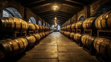 Wine barrels stacked in the old cellar of the winery. Generative ai photo