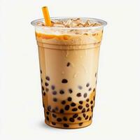 Light brown creamy bubble tea with milk and black tapioca with a green straw in a transparent cup isolated on white. Generative ai photo