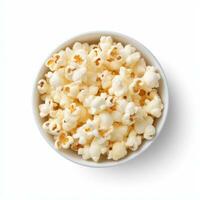 Popcorn in the wooden bowl, isolated on white background, top view. Generative ai photo