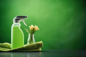 verde cosmético producto botella con dispensador bomba para piel, cuerpo o pelo cuidado con verde hojas a verde naturaleza fondo, frente vista. natural cosmético concepto, Copiar espacio. generativo ai foto