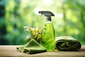 Green cosmetic product bottle with dispenser pump for skin, body or hair care with green leaves at green nature background, front view. Natural cosmetic concept, copy space. Generative ai photo