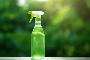 verde cosmético producto botella con dispensador bomba para piel, cuerpo o pelo cuidado con verde hojas a verde naturaleza fondo, frente vista. natural cosmético concepto, Copiar espacio. generativo ai foto