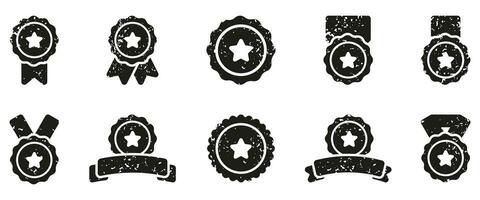 Award Grunge Texture Set. Medal With Ribbon, Grimy Prize Collection. Achievement Rubber Stamp. Best Champion, First Place Symbol. Black Winner Emblem. Isolated Vector Illustration.