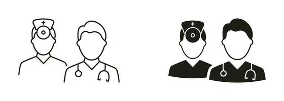 Male Medical Specialists Group Pictogram Set. Doctor and Man Nurse Team Line and Silhouette Icons. Healthcare Professional Hospital Staff Black Symbol Collection. Isolated Vector Illustration.