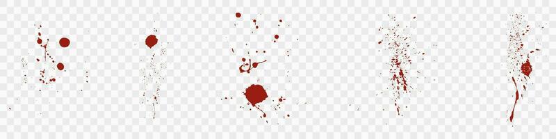 Blood Splatter Set on Transparent Background. Red Bloodstain Spatter. Messy Splat Collection. Drop Splash. Grunge Pattern. Paint Stain Texture. Abstract Design Element. Isolated Vector Illustration.