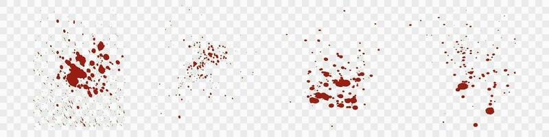 Blood Splat Set. Red Drop Spatter Collection. Bloodstain Splatter. Paint Stain Texture. Grunge Pattern. Messy Splash. Abstract Design Element. Isolated Vector Illustration.