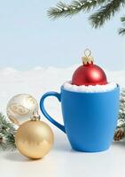 ai generado un azul café taza con un Navidad ornamento aislado en un blanco antecedentes. ai generado foto