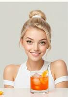 AI generated A Portrait Of A Cute Girl With A Glass Of Cocktail Isolated On A White Background. AI Generated photo