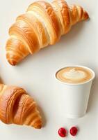 AI generated A Paper Cup And Croissant On A Wooden Table Isolated On A White Background. AI Generated photo