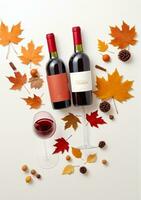 AI generated Wine Glasses With A Red Wine Bottle And Autumn Decorations Isolated On A White Background. AI Generated photo