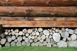 Log Cabin Or Barn Unpainted Debarked Wall Textured Horizontal Background photo