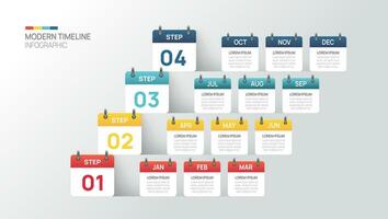 negocio paso cronograma infografía calendario modelo. moderno hito elemento cronograma diagrama calendario y 4 4 trimestre temas, vector infografía.