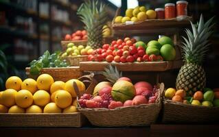 Apples, lemons, oranges, pomegranates, pineapples, peaches and strawberry. Various fruits in a street market. Generative ai photo