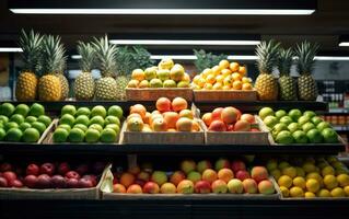 Apples, lemons, oranges, pomegranates, pineapples, peaches and strawberry. Various fruits in a street market. Generative ai photo