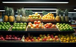 manzanas, limones, naranjas, granadas, piñas, duraznos y fresa. varios frutas en un calle mercado. generativo ai foto