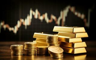 inversión crecimiento concepto con apilar de oro en valores mercado grafico antecedentes. generativo ai foto