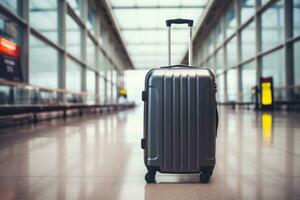 suitcases in an empty airport hall, traveler cases in the departure airport terminal waiting for the area, vacation concept, blank space for text message or design. Generative ai photo