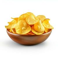 Bowl with tasty potato chips on white background. Generative Ai photo