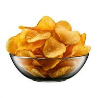 Bowl with tasty potato chips on white background. Generative Ai photo