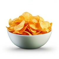 Bowl with tasty potato chips on white background. Generative Ai photo