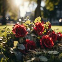rojo rosas en negro granito lápida sepulcral al aire libre, espacio para texto. funeral ceremonia. generativo ai foto