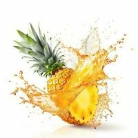 Water Splashing on Split Pineapple Fruit isolated on a yellow background. Generative ai photo