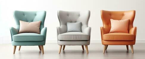 Set of Classic three armchair and three color art deco style in turquoise velvet with wood legs isolated on white background. Generative ai photo