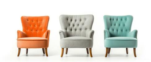 Set of Classic three armchair and three color art deco style in turquoise velvet with wood legs isolated on white background. Generative ai photo