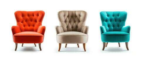 Set of Classic three armchair and three color art deco style in turquoise velvet with wood legs isolated on white background. Generative ai photo