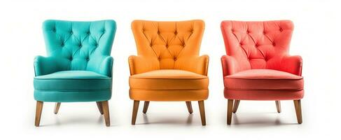 Set of Classic three armchair and three color art deco style in turquoise velvet with wood legs isolated on white background. Generative ai photo