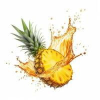 Water Splashing on Split Pineapple Fruit isolated on a yellow background. Generative ai photo