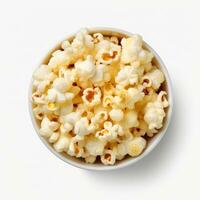 Popcorn in the wooden bowl, isolated on white background, top view. Generative ai photo