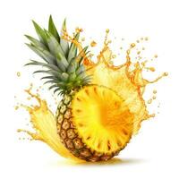 Water Splashing on Split Pineapple Fruit isolated on a yellow background. Generative ai photo