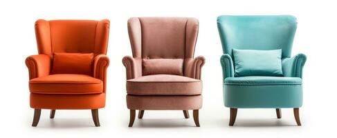 Set of Classic three armchair and three color art deco style in turquoise velvet with wood legs isolated on white background. Generative ai photo