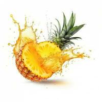 Water Splashing on Split Pineapple Fruit isolated on a yellow background. Generative ai photo