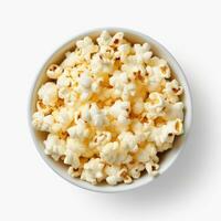 Popcorn in the wooden bowl, isolated on white background, top view. Generative ai photo