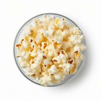 Popcorn in the wooden bowl, isolated on white background, top view. Generative ai photo