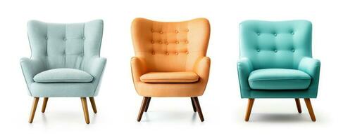 Set of Classic three armchair and three color art deco style in turquoise velvet with wood legs isolated on white background. Generative ai photo