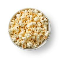 Popcorn in the wooden bowl, isolated on white background, top view. Generative ai photo