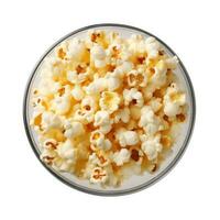 Popcorn in the wooden bowl, isolated on white background, top view. Generative ai photo